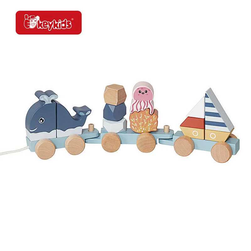 Vibrant Wooden Ocean Animal Stacking Train - Sorting Pull Toy with Colorful Blocks for Toddlers W04A689